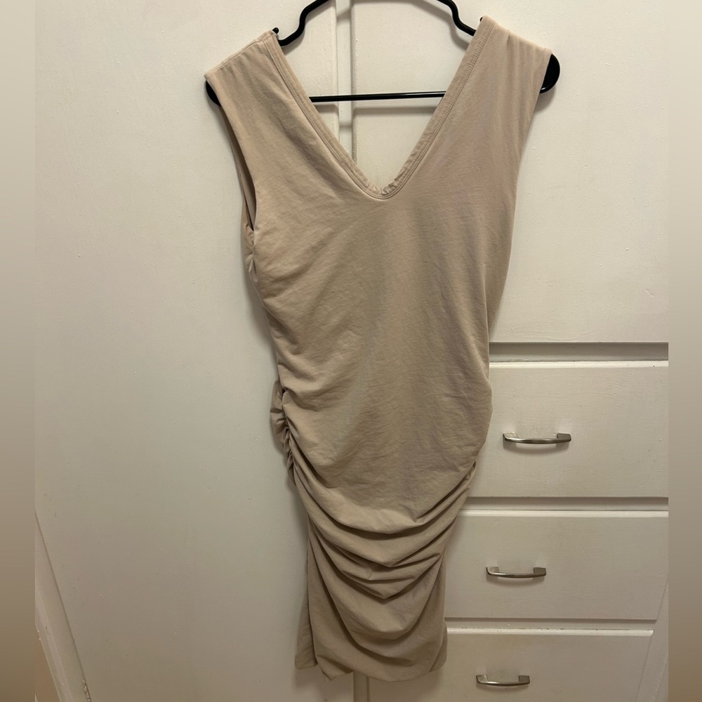 James Perse Ruches Tan V-Neck Dress, (size 3 / large)
